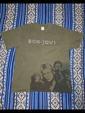 Vintage 2007-2008 Bon Jovi World Tour Graphic Concert T-Shirt Olive Green XL